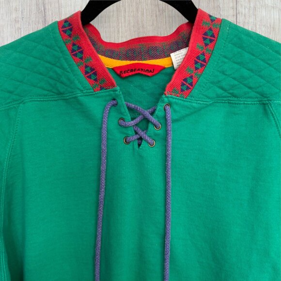 Vintage Recreation Green Lace-Up Sweatshirt Boho Aztec Collar Holiday Xmas S - Picture 2 of 6